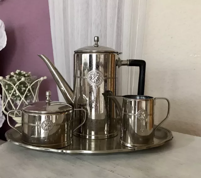 Antik Jugendstil Kaffee- Tee Kernstück Zuckerdose Rahmgießer Kanne versilbert ? 2