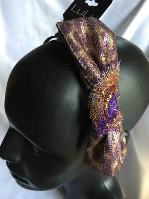 LuLu Purple And Gold Sequins And Fabric Bow Headband- New