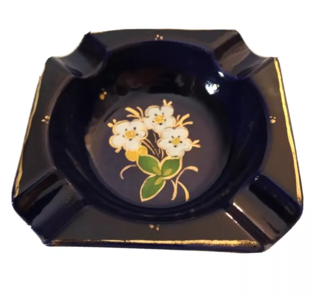 Colbalt Blue Ceramic Ashtray, White Flowers Floral Zenith Holland Hand Painted