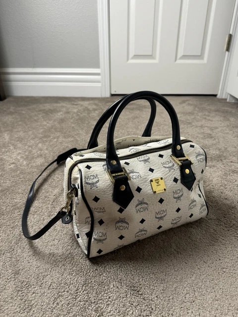 AUTHENTIC MCM LEATHER Vintage Hand Bag White w Black A5819 41.00 PicClick