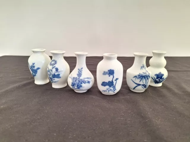 Kwangdong China Collection Of 6 Blue And White Miniature Porcelain Vases