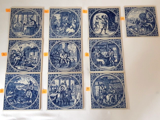 Lot of 10 Delft Tiles The Professionals - Blue & White Handpainted