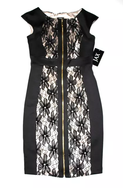 NWT JAX Black Floral Lace Exposed Zip-Front Cap-Sleeve Sheath Dress 2 $138 2