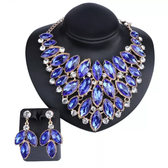 Women Wedding Crystal Earring Pendant Statement Necklace Resin Gem Jewelry Set