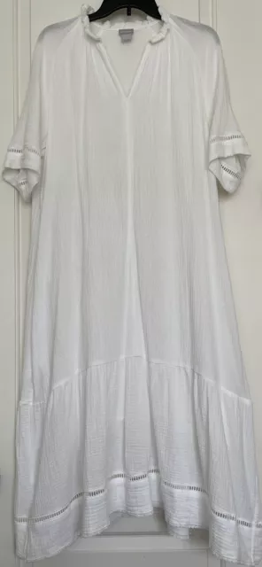 Chicos Gauze Crochet Detail Maxi Dress Pockets White Size Large 12/14