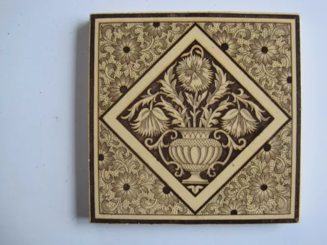 Antique Victorian 6" Minton Hollins Patt.1808 Vase & Flowers Tile - C1850-1900