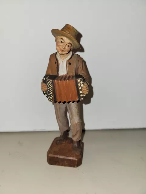 Vintage Folk hand carved wood figurine man musician hat accordion art