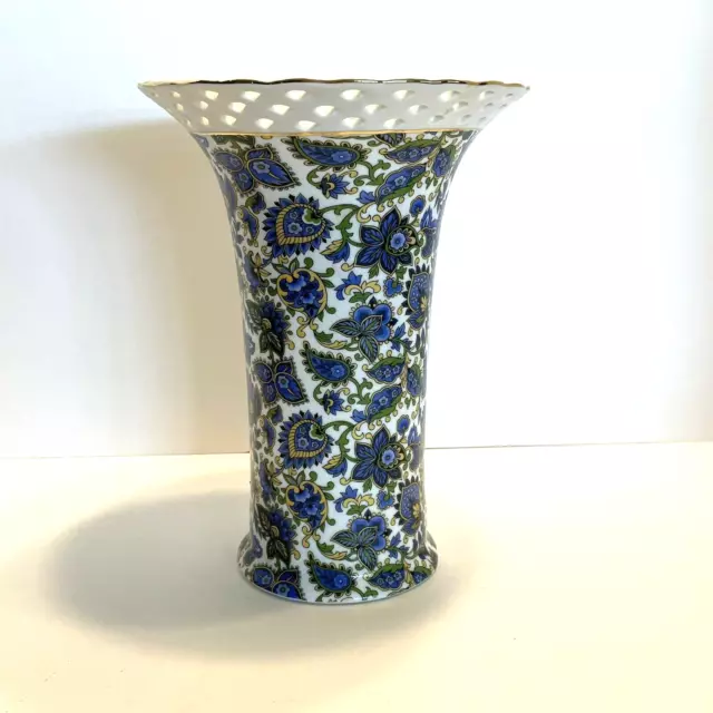 Baum Bros. Formalities Blue Paisley Chintz Floral Flower Vase Gold Trim 10" Tall