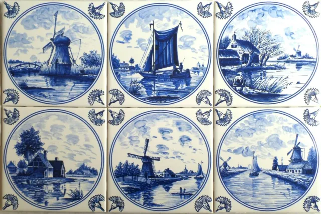 Blue Delft Design Ceramic Tile 6" x 6" set of 6 Wind Mill Boat House Kiln Fired