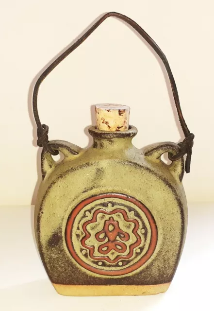 Vtg Tremar Cornwall flagon flask 6in Celtic, leather cord & cork, excellent