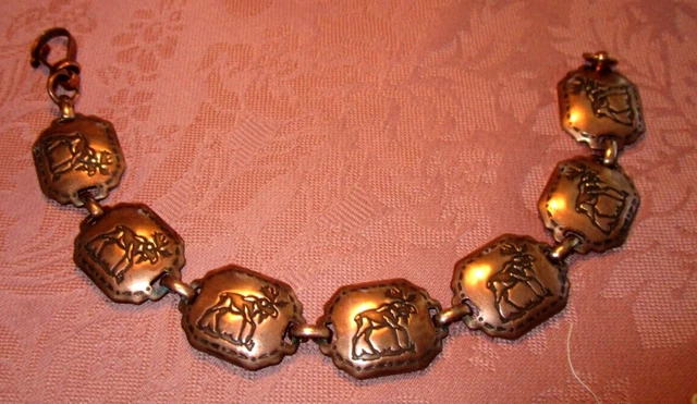 Vintage COPPER BRACELET w/ ENGRAVED BULL MOOSE - 7" long ~ MINT CONDITION