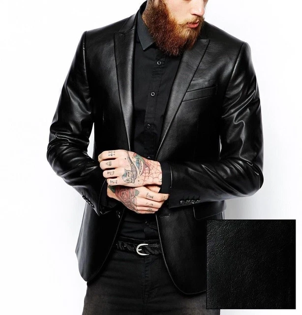 Hombre Genuino Piel de Cordero Suave Chaqueta Americana Negro Dos Botón Elegante