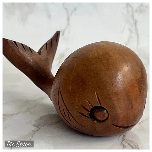 Vintage Kamaaina Wood Hawaii Milo Hand Carved Whale Huge Smile & Long Eyelashes