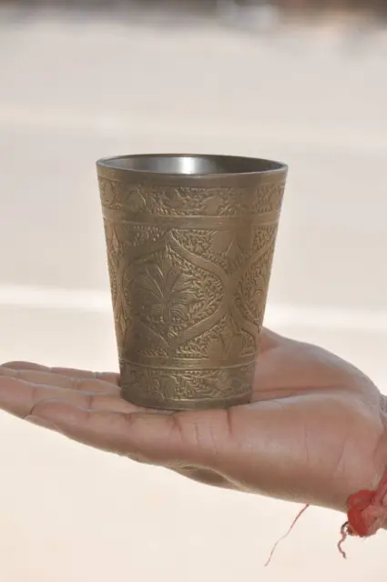 Vintage Brass Handcrafted Fine Floral Inlay Engraved Lassi / Milk Glass