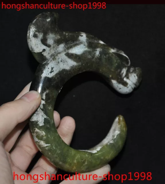 4" Chinese Hongshan culture Old jade Carved Dragon Hook sacrifice Bi Pendant 3
