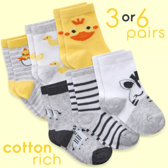 3 6 Pairs Baby Boys Girls Cotton Animal Socks Bundle Duck Zebra 0-0 0-2.5 3-5.5