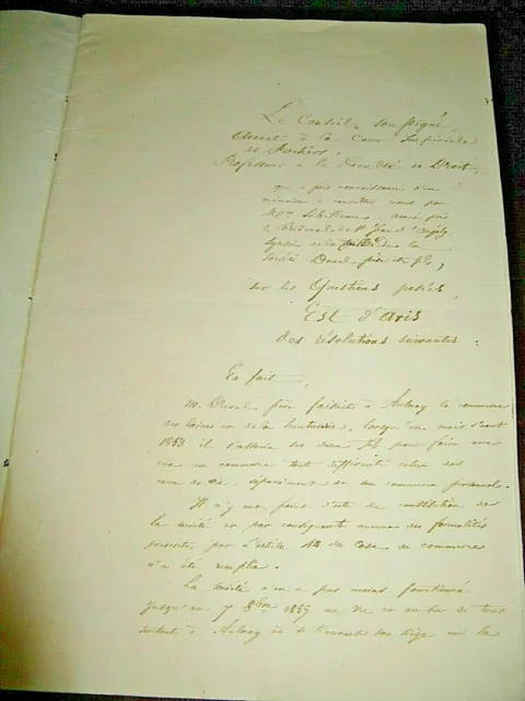 MEMOIRE Manuscrit LIQUIDATION COMMERCE EAU-DE-VIE COGNAC 1858 POITIERS POITOU