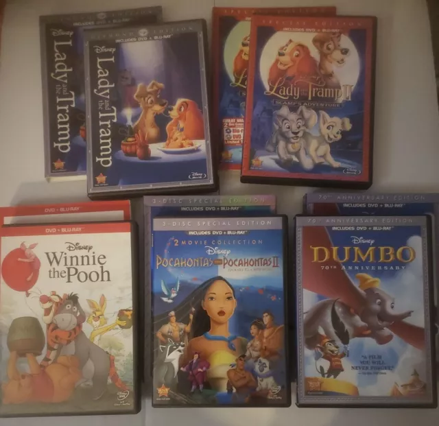Disneys Pocahontas, Dumbo, Winnie the Pooh & More Blu-Ray +DVD Lot w/Slip Covers