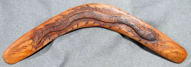 Vintage Aboriginal Australia poker work incised Snake wooden Boomerang