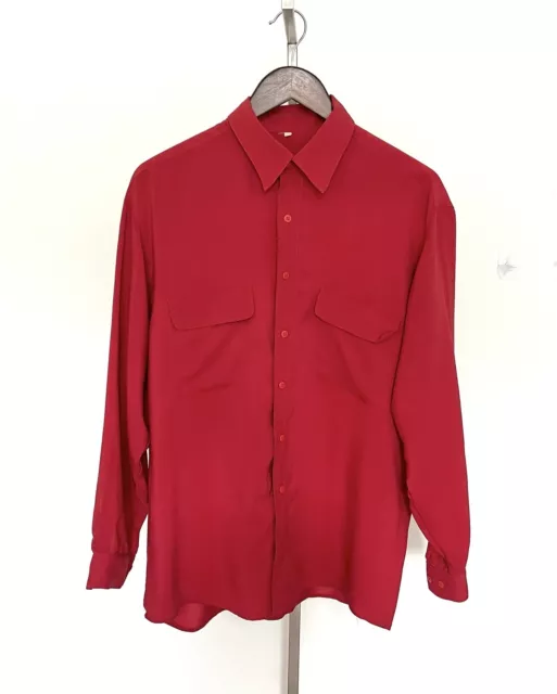 Vintage red silk shirt. Collared and button down. Large. 80s / 90s Retro.