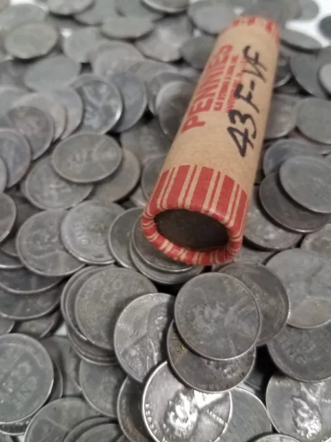 132a02 ROLL OF 50 WHEAT PENNIES 1943 WW2 LINCOLN STEEL CENTS COINS RUST F-VF!!!!