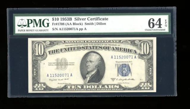 DBR 1953-B $10 Silver Fr. 1708 PMG 64 EPQ Serial A11520071A