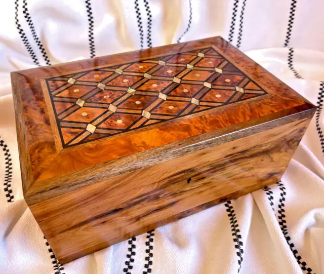 Large Thuya Burl Wood Box Chest Mother of Pearl Inlaid Keepsake Jewelry Storage