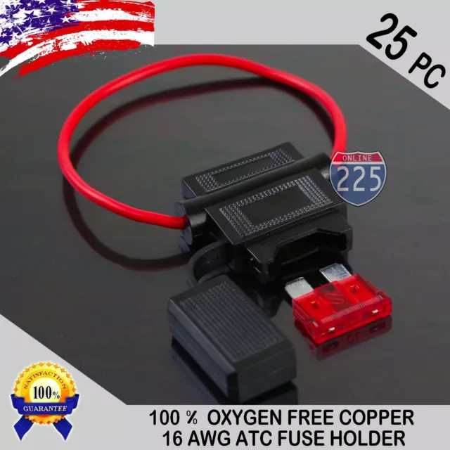 25 Pack 16 Gauge ATC In-Line Blade Fuse Holder 100% OFC Copper Wire + 1A - 40A