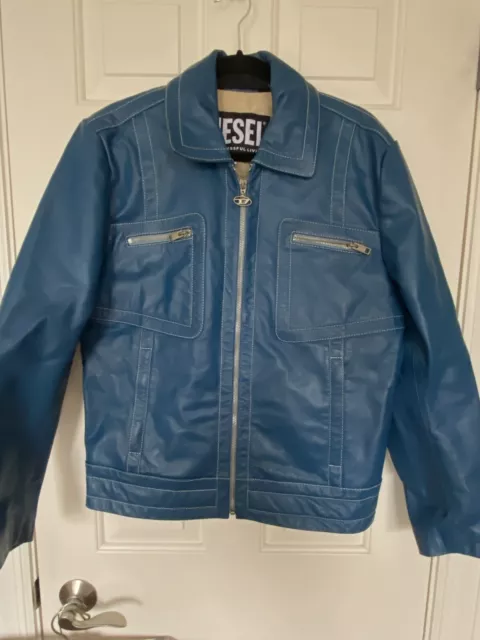 DIESEL L-Cale Blue 100% Leather Biker Moto Jacket Coat Mens Size Small