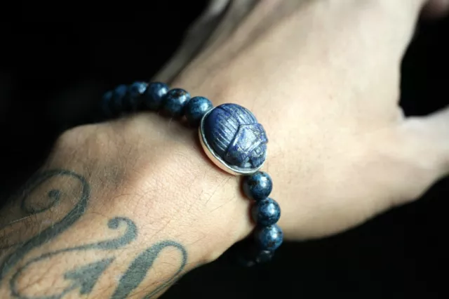 Men's Bracelet with Spinel & Lapis Lazuli Scarab Beetle & Silver Elements