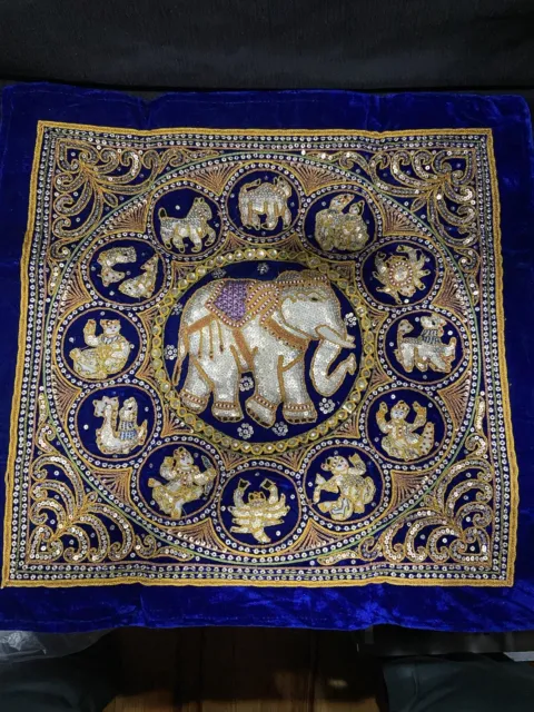 Vintage Burmese Thai Embroidered Astrology Horoscope Tapestry Kalaga w/ Elephant