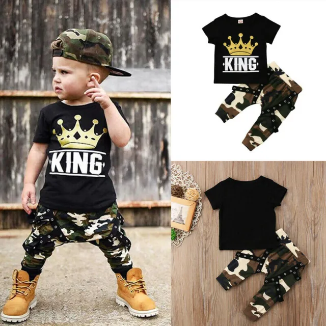 Newborn Baby Boys Clothes KING Camo Tops Trousers Pants Tracksuit Outfits Set