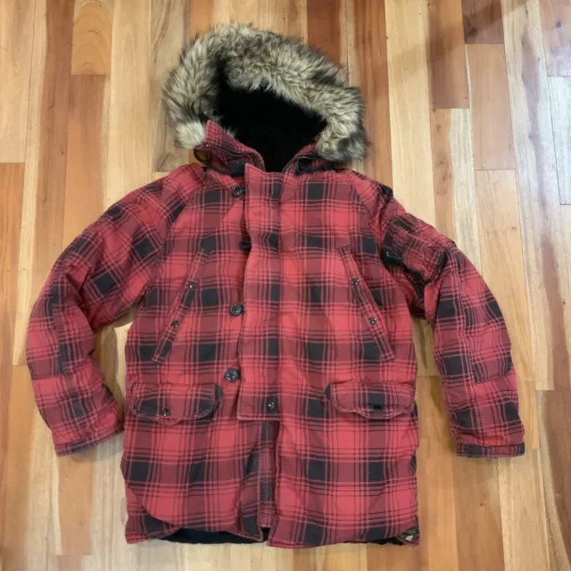 Denim & Supply Ralph Lauren Faux Fur Hooded Down Puffer Large Parka Jacket Plaid