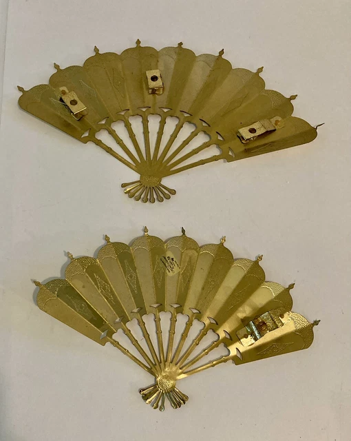 Vtg Home Interiors Pair Metal Gold Tone Asian Fan Wall Plaques Hanging Decor