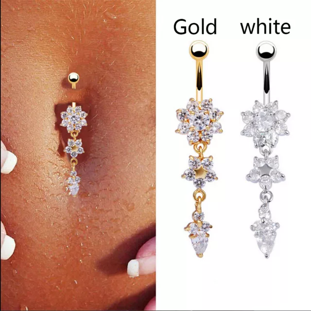 Crystal Flower Dangle Navel Belly Button Ring Bar Body Piercing Jewelry_tu