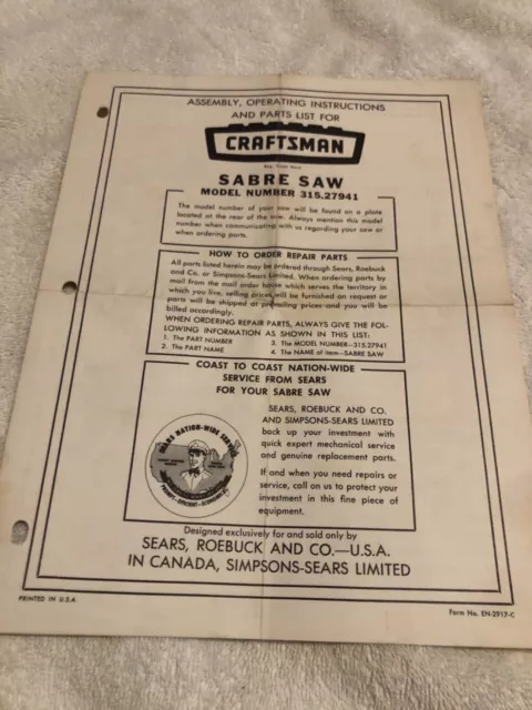 SIERRA DE SABLE Vintage Sears Craftsman Dueños Modelo Manual # 315.27941