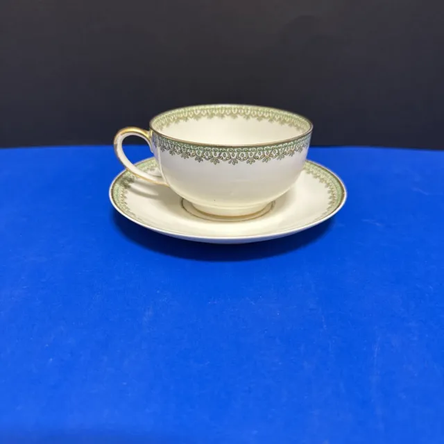 C H Field Haviland Limoges GDA France Tea Cup & Saucer Gold Green Yellow Replace