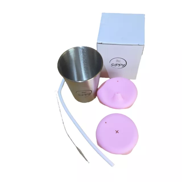Taza para sorber de acero inoxidable de 10 oz para niños pequeños 2 tapas de silicona rosa paja y cepillo limpio