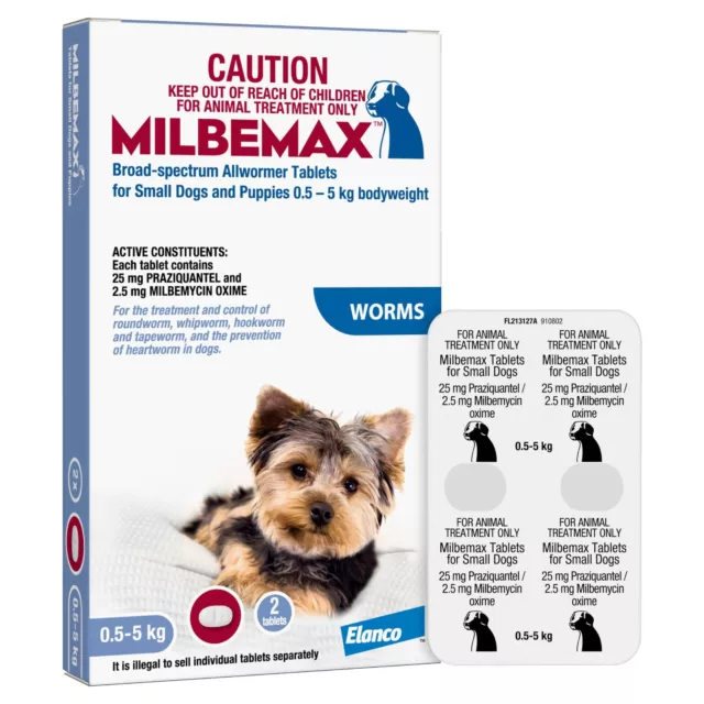 Milbemax Broad Spectrum All Wormer For Dogs 0.5 to 5kg 2 Tablets Incl Heartworm