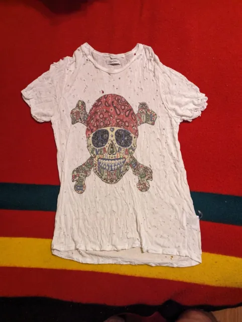 Lauren Moshi Bess Hippie Skull Pirate Top T-shirt S Distressed