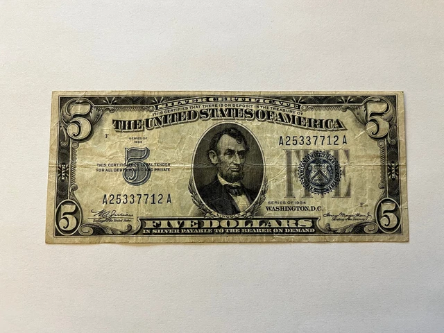 1934 $5 Five Dollar Bill, Blue Seal, Silver Certificate #A25337712A