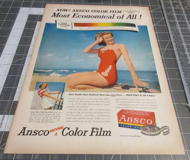 1950 Ansco Color Film Economical Pretty Lady Swimsuit Legs Oceanside Print Ad