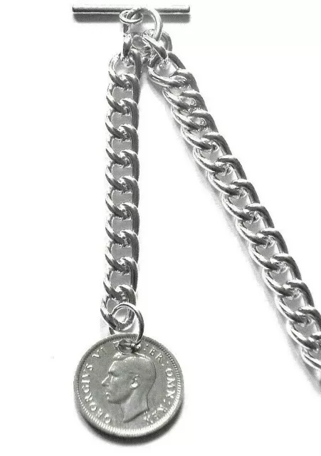 Lucky Sixpence GEORGE VI Silver colour Albert pocket watch chain/fob Chain