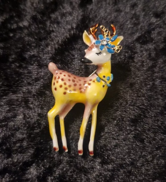 Vintage Art Deco Style Small Deer Brooch Enamel Animal Pin Fawn Broach Gift