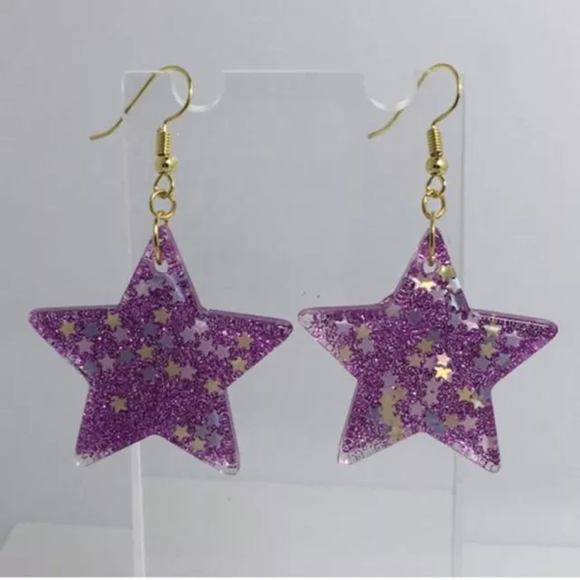 Large Star Christmas earrings , Glitter and Resin Kitsch Fun 6 cm Long Amelia