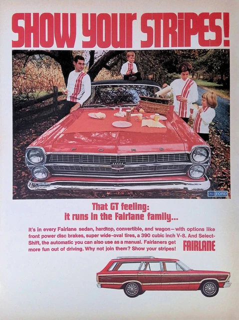 Print Ad 1967 Red Ford Fairlane Station Wagon Family Picnic Show Your Stripes!
