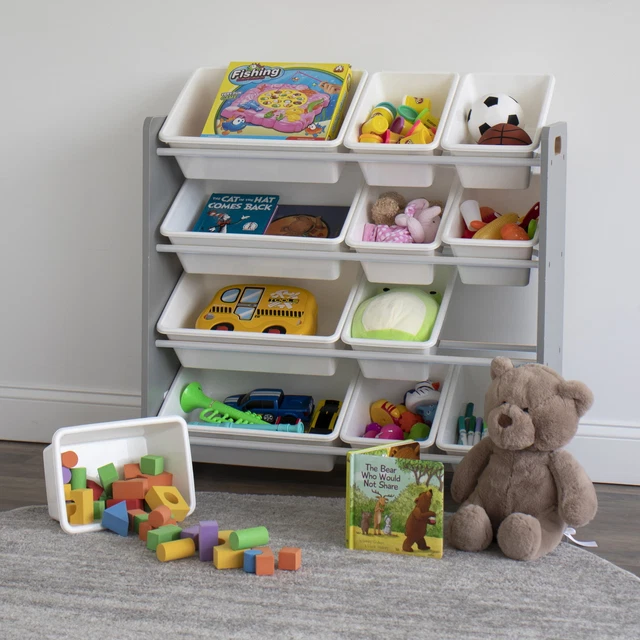 Family Kids Wooden and Plastic Organizer with 12 Trash Bins Gray and White