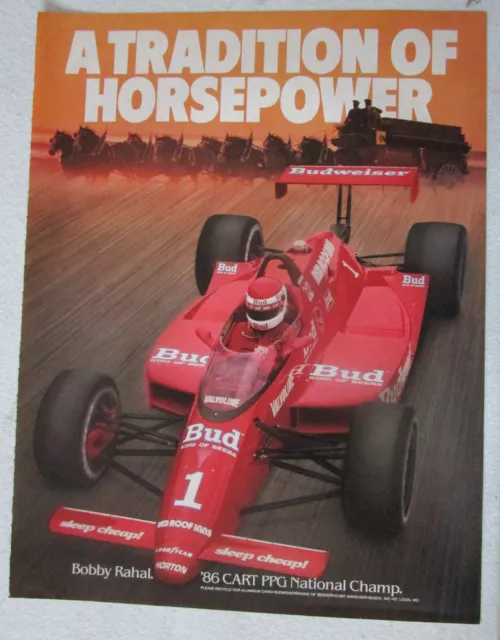 1986 BUDWEISER BEER Print Ad ~ CART PPG Indy Car World Series Champ BOBBY RAHAL 