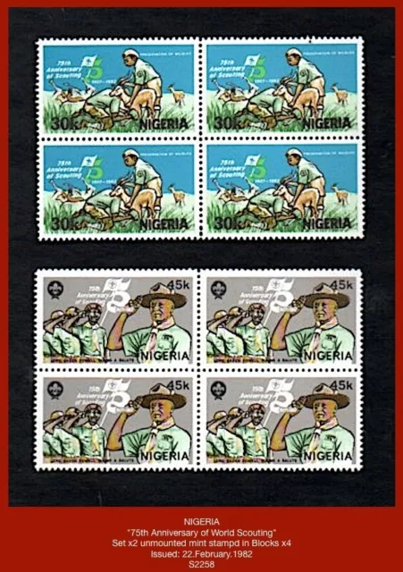 NIGERIA 1982 - "75th Anniv. World Scouting"  - Set x2 mint stamps in blocks x4