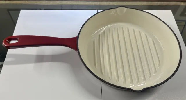 COOKS ENAMELED CAST IRON RED PRESS & GRILL FRY PAN, SKILLET Great Condition